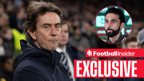 Thomas Frank on sideline with Alvaro Arbeloa in press conference right inset
