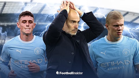 Enzo Maresca with his hands on his head, standing with Phil Foden and Erling Haaland at the Etihad Stadium