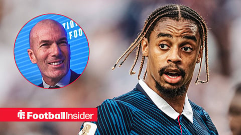 Liverpool winger Bradley Barcola playing for France with Zinedine Zidane inset