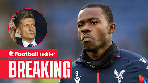 Tyrick Mitchell pre-match for Crystal Palace, with Steve Parish in a circular inset