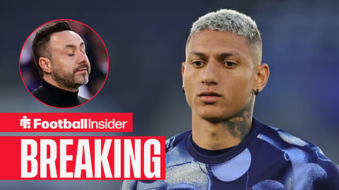 Richarlison in training for Tottenham, with Roberto De Zerbi in a circular inset