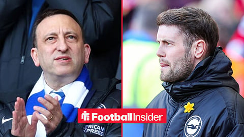 Tony Bloom in the stands at Brighton, with Fabian Hurzeler on the sidelines