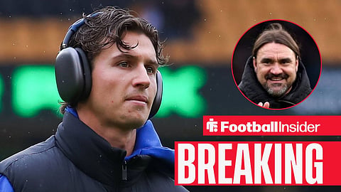 Brenden Aaronson pre-match for Leeds, with Daniel Farke in a circular inset