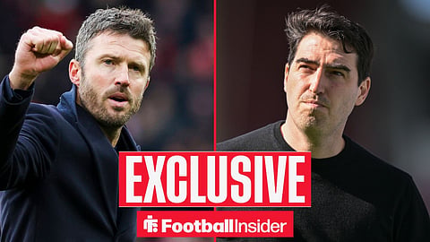 Football Insider exclusive as Manchester United manager Michael Carrick and Liverpool boss Andoni Iraola feature on either side of a split image.