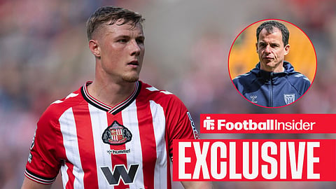 Football Insider exclusive as Sunderland defender Dan Ballard stares towards manager Regis Le Bris, who watches from a circular inset.
