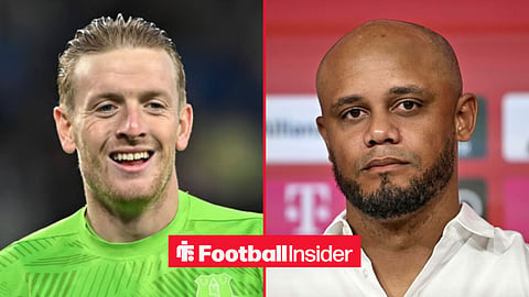 Jordan Pickford in action for Everton, with Vincent Kompany in a Bayern Munich press conference