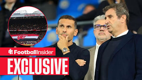 Khaldoon Al Mubarak and Ferran Soriano in the stands at Man City, with Old Trafford and Man United fans in a circular inset
