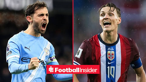 Bernardo Silva of Manchester City celebrates the goal scored by team mate Tijani Reijnders after 42 minutes on 4 January 2026 / Martin odegaard of Norway during the FIFA World Cup qualifier football match between Norway and Italy on June 6, 2025