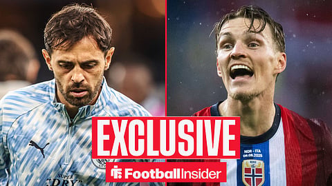 Real Madrid midfielder Bernardo Silva with Arsenal midfielder Martin Odegaard shouting inset