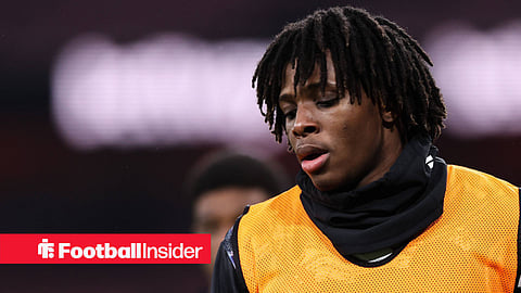 Patrick Dorgu of Manchester United, ManU during the pre-game warm up ahead of the Arsenal vs Manchester United Premier League match at the Emirates Stadium, London