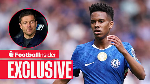 Football Insider exclusive as Chelsea winger Estevao is in action, while manager Xabi Alonso watches from a circular inset.