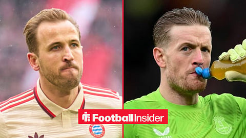 Harry Kane in action for Bayern Munich, with Jordan Pickford in action for Everton