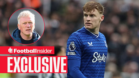 Football Insider exclusive as Everton defender Jarrad Branthwaite stares towards manager David Moyes, who watches from a circular inset.