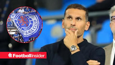 Khaldoon Al Mubarak on the sidelines at Man City, with Rangers fans in a circular inset