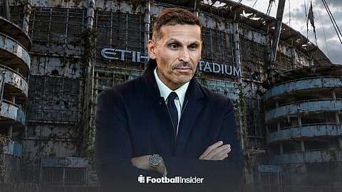 Man City chairman Khaldoon Al Mubarak in front of a derelict Etihad Stadium