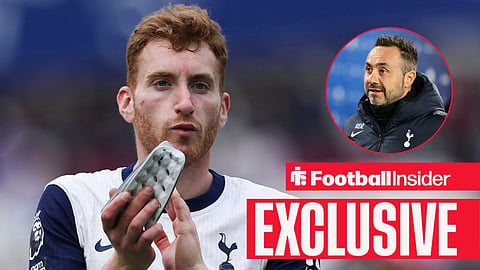 Football Insider exclusive as Tottenham midfielder Dejan Kulusevski applauds, while manager Roberto De Zerbi watches from a circular inset.