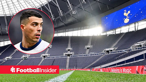 A general view of the Tottenham Hotspur Stadium before a game / Tottenham defender Pedro Porro looks over his shoulder