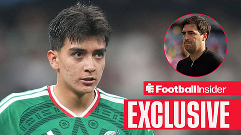 Football Insider exclusive as Gilberto Mora stares towards Liverpool manager Andoni Iraola, who watches from a circular inset.