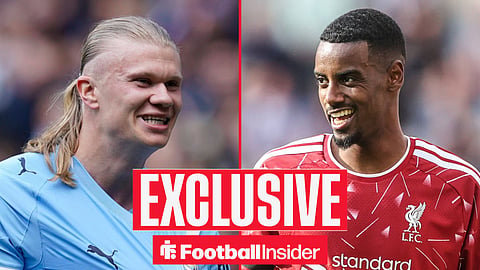 Man City striker Erling Haaland pulls his shirt with Liverpool striker Alexander Isak smiles inset
