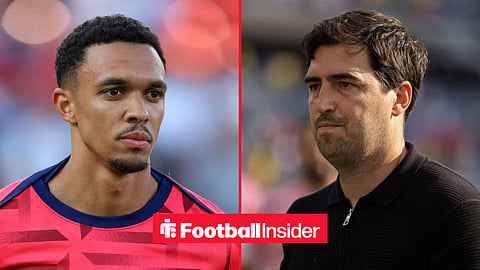 Trent Alexander-Arnold pre-match for England, with Andoni Iraola on the sidelines at Liverpool