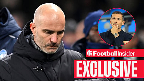 Football Insider exclusive as Man City manager Enzo Maresca stares at the floor, while chairman Khaldoon Al Mubarak watches from a circular inset.