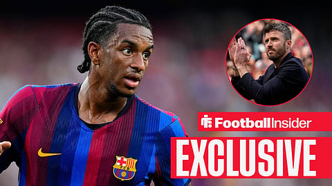 Football Insider exclusive as Barcelona defender Alejandro Balde is in action, while Manchester United manager Michael Carrick watches from a circular inset.