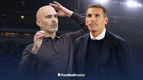 Manchester City manager Enzo Maresca and chairman Khaldoon Al Mubarak stand looking concerned at the Etihad Stadium.