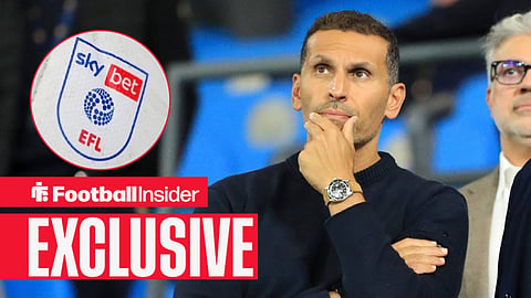 Football Insider exclusive as Man City chairman Khaldoon Al Mubarak stares towards the EFL logo, which features in a circular inset.
