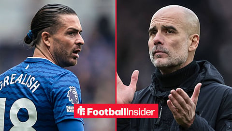 Former Man City manager Pep Guardiola claps with Jack Grealish inset