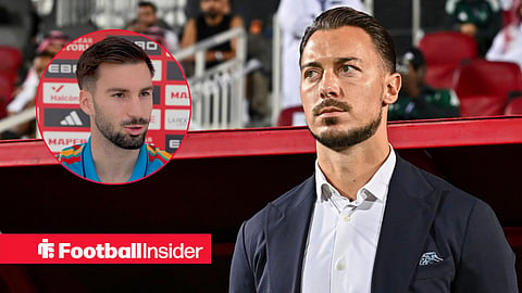 Matthias Jaissle on sideline with Alex Baena in press conference left inset