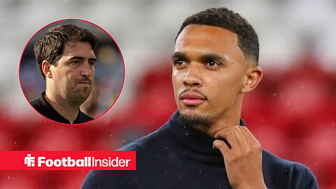 Trent Alexander-Arnold pre-match, with Andoni Iraola in a circular inset