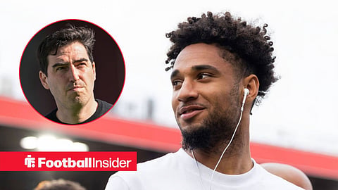 Kevin Schade pre-match for Brentford, with Andoni Iraola in a circular inset