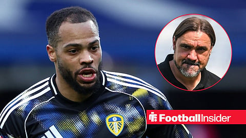 Lukas Nmecha in action for Leeds, with Daniel Farke in a circular inset