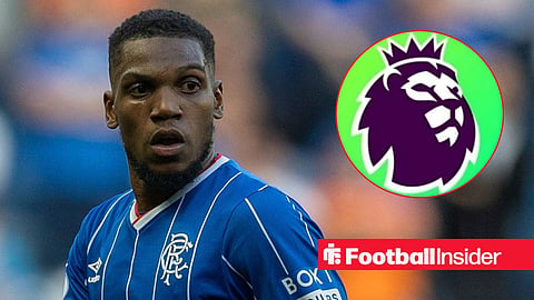 Dujon Sterling in action for Rangers, with the Premier League logo in a circular inset
