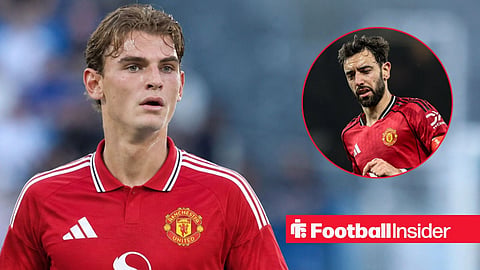 Nico Paz in a blue Como kit during the 2025-26 campaign / Bruno Fernandes of Manchester Untied during the Emirates FA Cup Third Round match Manchester United vs Brighton and Hove Albion at Old Trafford, Manchester, United Kingdom, 11th January 2026