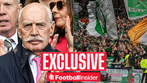Football Insider exclusive as Celtic owner Dermot Desmond stares across a split image towards the fans.