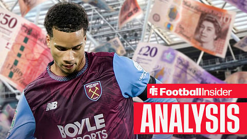 Manchester City loanee Divine Mukasa in a West Ham United home kit at the London Stadium surrounded by falling money notes