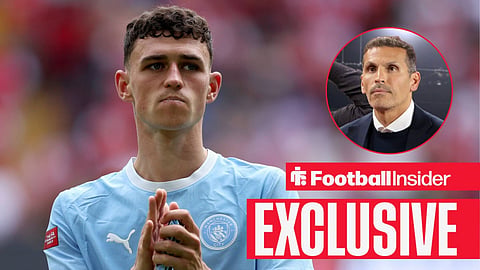 Football Insider exclusive as Manchester City midfielder Phil Foden applauds, while chairman Khaldoon Al Mubarak watches from a circular inset.