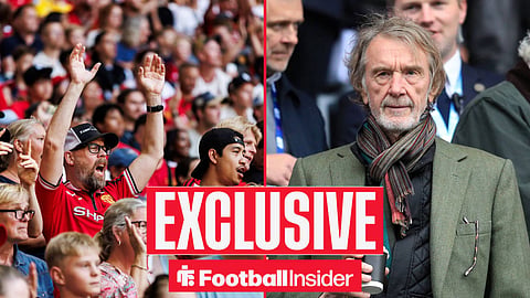 Football Insider exclusive as Manchester United fans and owner Sir Jim Ratcliffe feature on either side of a split image.