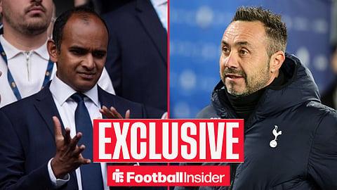 Football Insider exclusive as Tottenham chief executive Vinai Venkatesham and manager Roberto De Zerbi feature on either side of a split image.