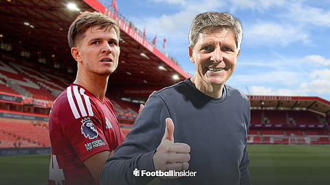 James McAtee and Oliver Glasner looking happy on the pitch at the City Ground