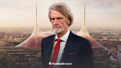Man United co-owner Sir Jim Ratcliffe standing in front of the planned new stadium, New Trafford