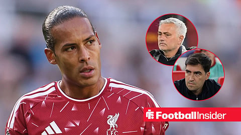 Virgil van Dijk in action for Liverpool, with Jose Mourinho and Andoni Iraola in circular insets