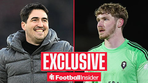 Football Insider exclusive as Liverpool manager Andoni Iraola smiles across a split image towards Matty Young.