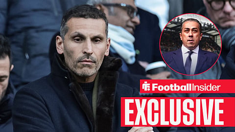 Football Insider exclusive as Man City chairman Khaldoon Al Mubarak stares towards Chelsea owner Behdad Eghbali, who watches from a circular inset.