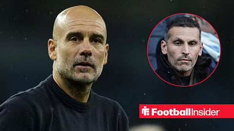 Pep Guardiola on the sidelines at Man City, with Khaldoon Al Mubarak in a circular inset