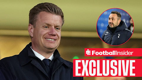 Football Insider exclusive as Tottenham sporting director Johan Lange stares towards manager Roberto De Zerbi, who watches from a circular inset.