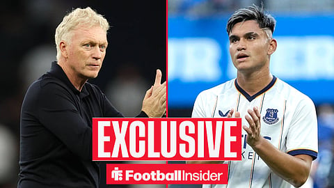 Football Insider exclusive as Everton manager David Moyes stares across a split image towards Carlos Alcaraz, who applauds after a game.