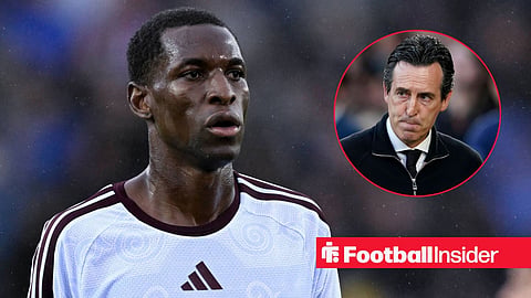 Aston Villa striker Nicolas Jackson stares towards manager Unai Emery, who looks concerned in a circular inset.