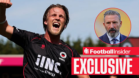 Football Insider exclusive as Excelsior defender Casper Widell punches the air, while Rangers manager Derek McInnes watches from a circular inset.